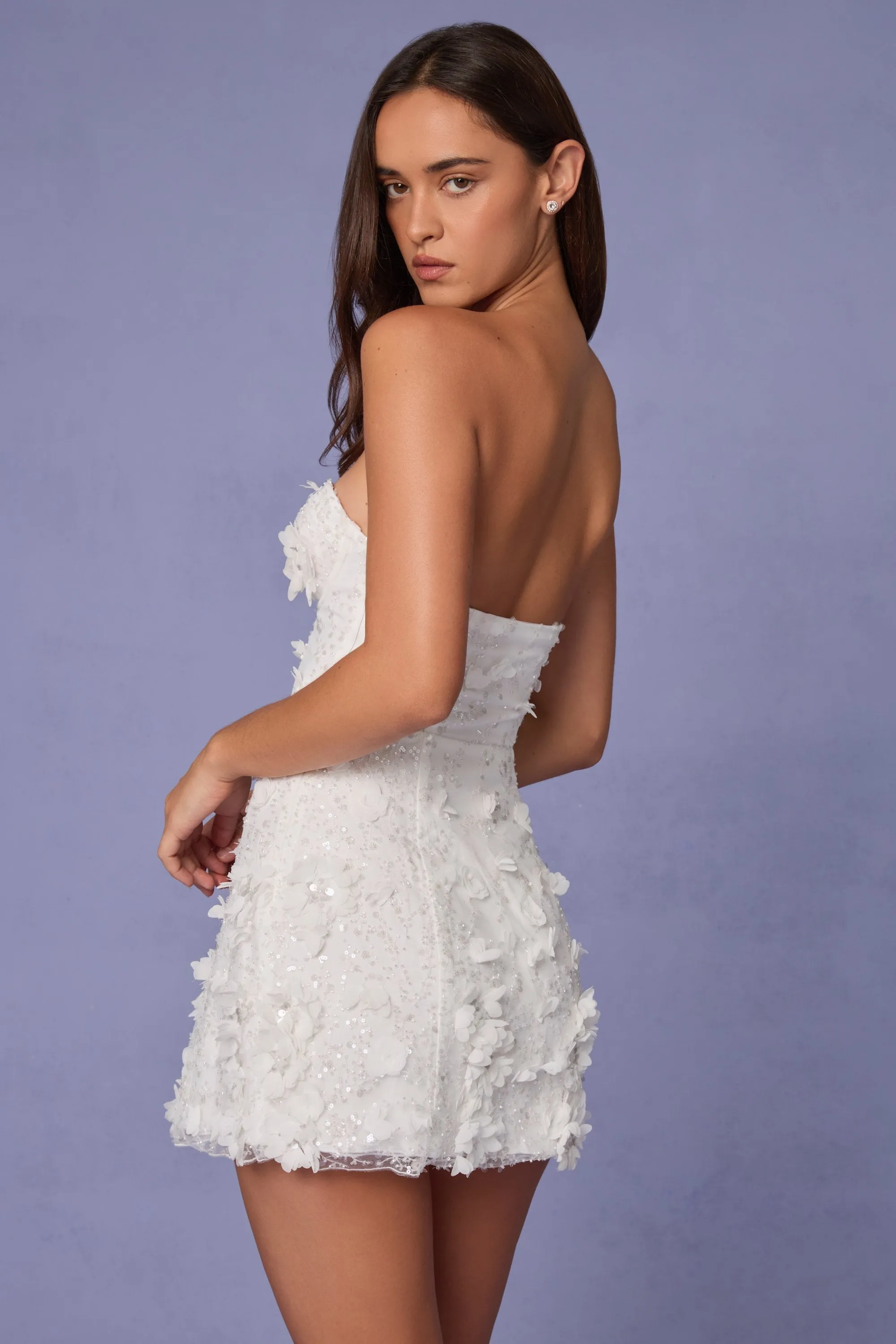 Embellished Bandeau A-line Mini Dress in White Evening Glow