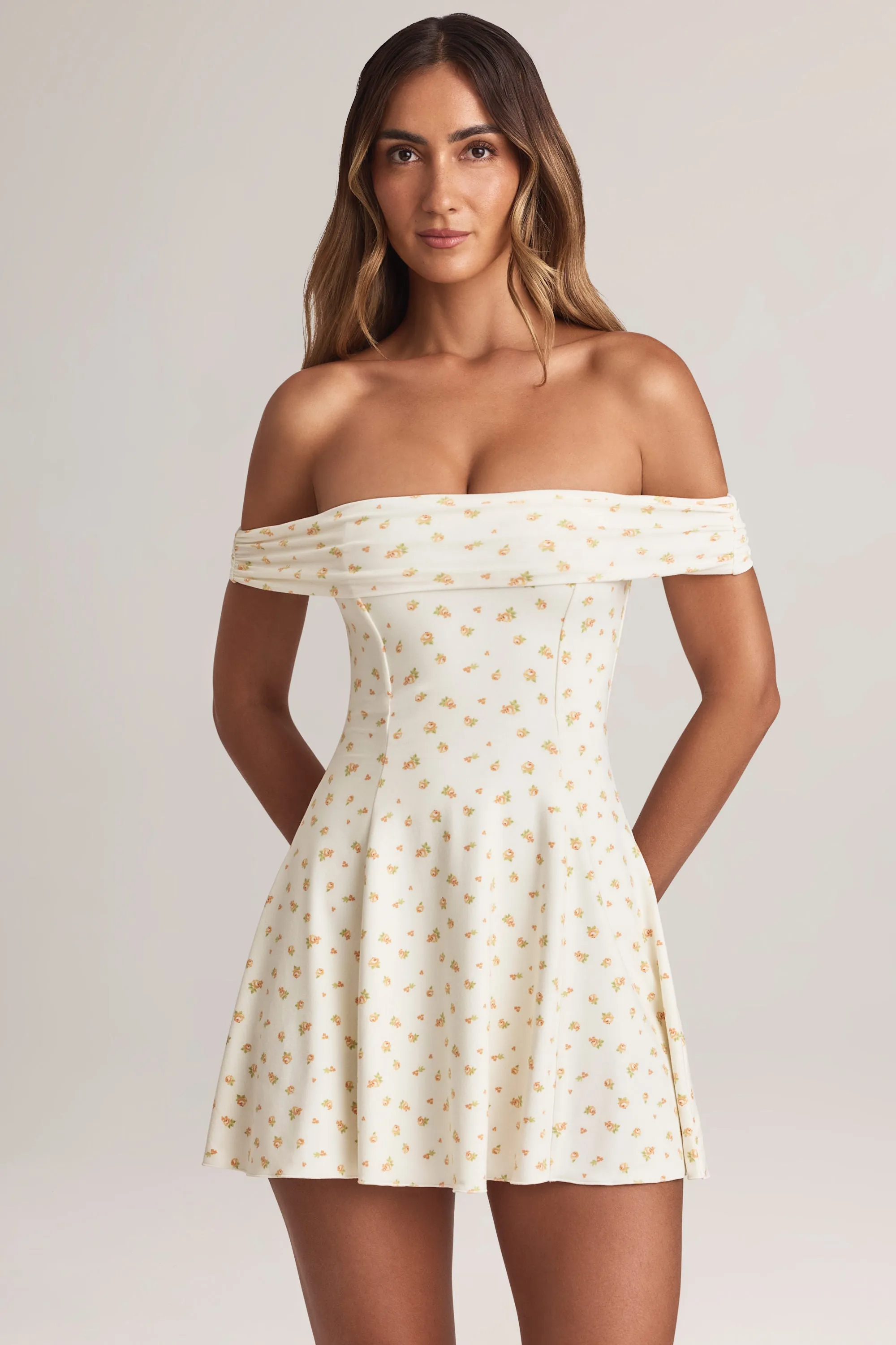 Beat Mode Relaxed-fit day mini Modal Off-Shoulder A-Line Mini Dress in Floral Print