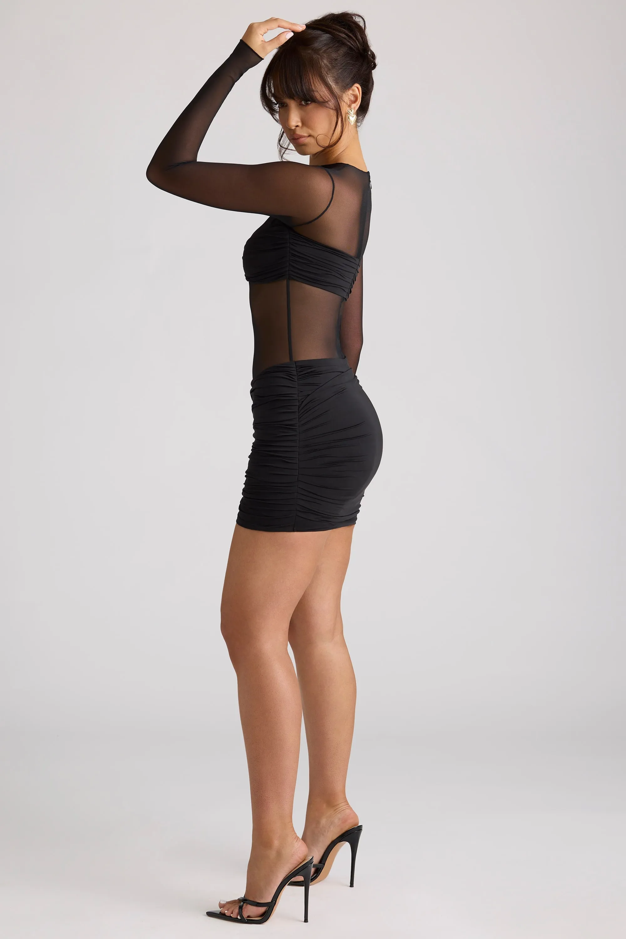 Temperature Regulating Casual Glam Sheer Panelled Long Sleeve Mini Dress in Black