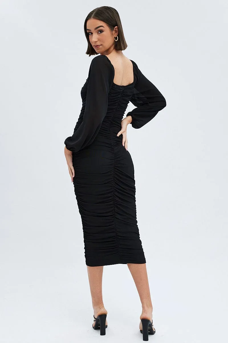 City Friendly Office Wear Black Midi Dress Long Sleeve Square Neck Ruched Bodycon