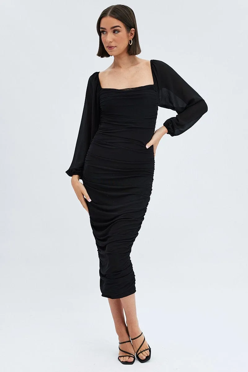 Effortless Style Timeless elegance Black Midi Dress Long Sleeve Square Neck Ruched Bodycon