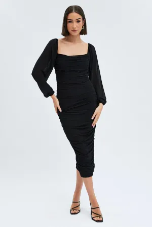 Trendy casual event dress Black Midi Dress Long Sleeve Square Neck Ruched Bodycon