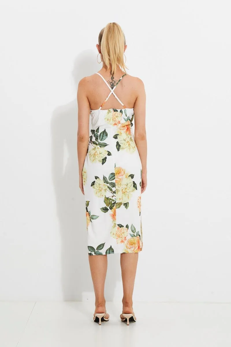 Print Designer Yellow Rose Racer Neck Slip Midi Dress Cherry Grove