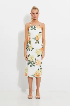 Print Designer Yellow Rose Racer Neck Slip Midi Dress Day-to-night midi gown