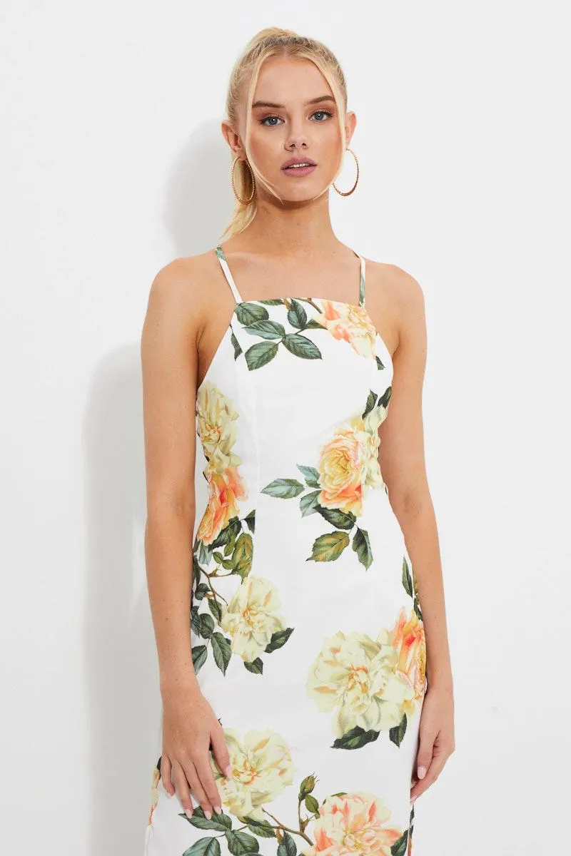 Print Designer Yellow Rose Racer Neck Slip Midi Dress Elegant Vibe