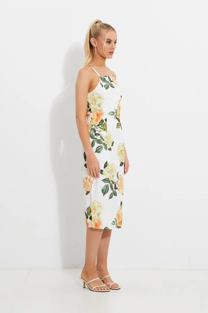 Comfortable formal midi Relaxed fit for outings Print Designer Yellow Rose Racer Neck Slip Midi Dress