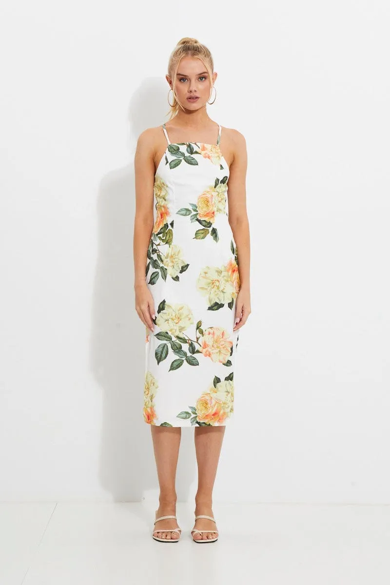 Print Designer Yellow Rose Racer Neck Slip Midi Dress Classic Woman