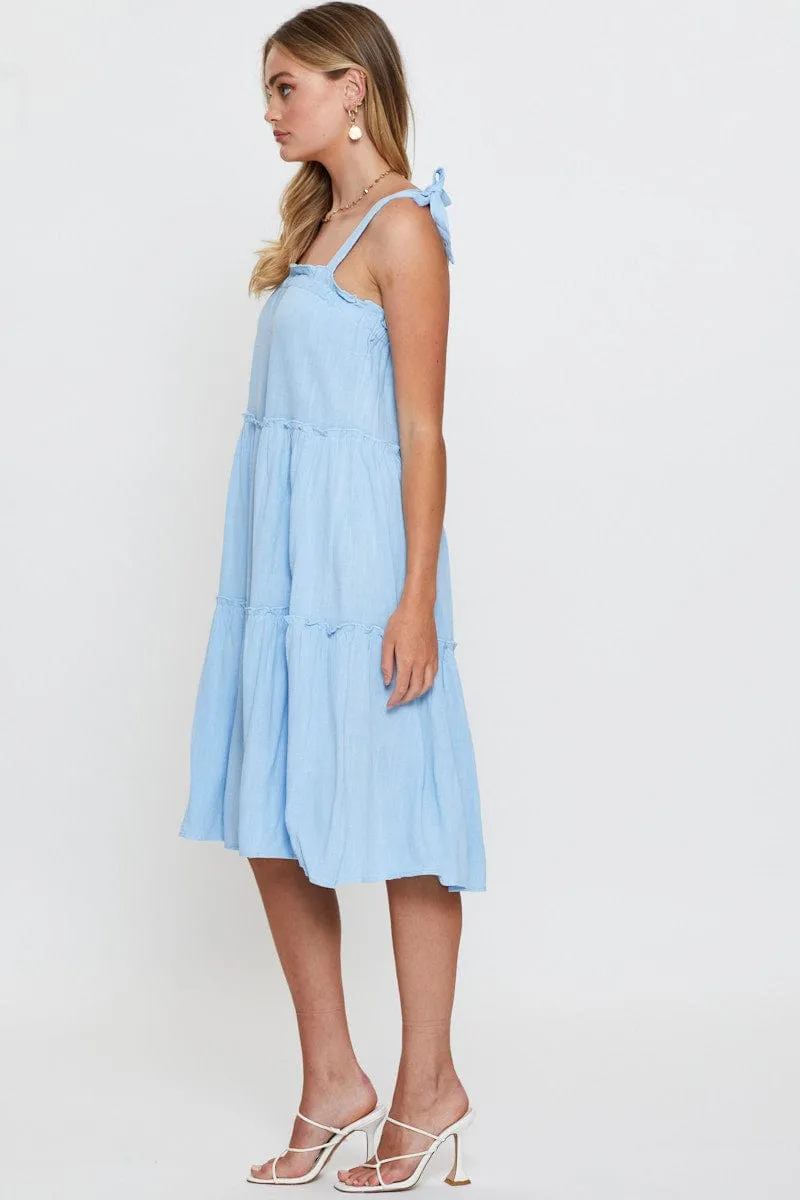 Flattering Layers Comfort Fit Blue Midi Dress Sleeveless Tie Shoulder