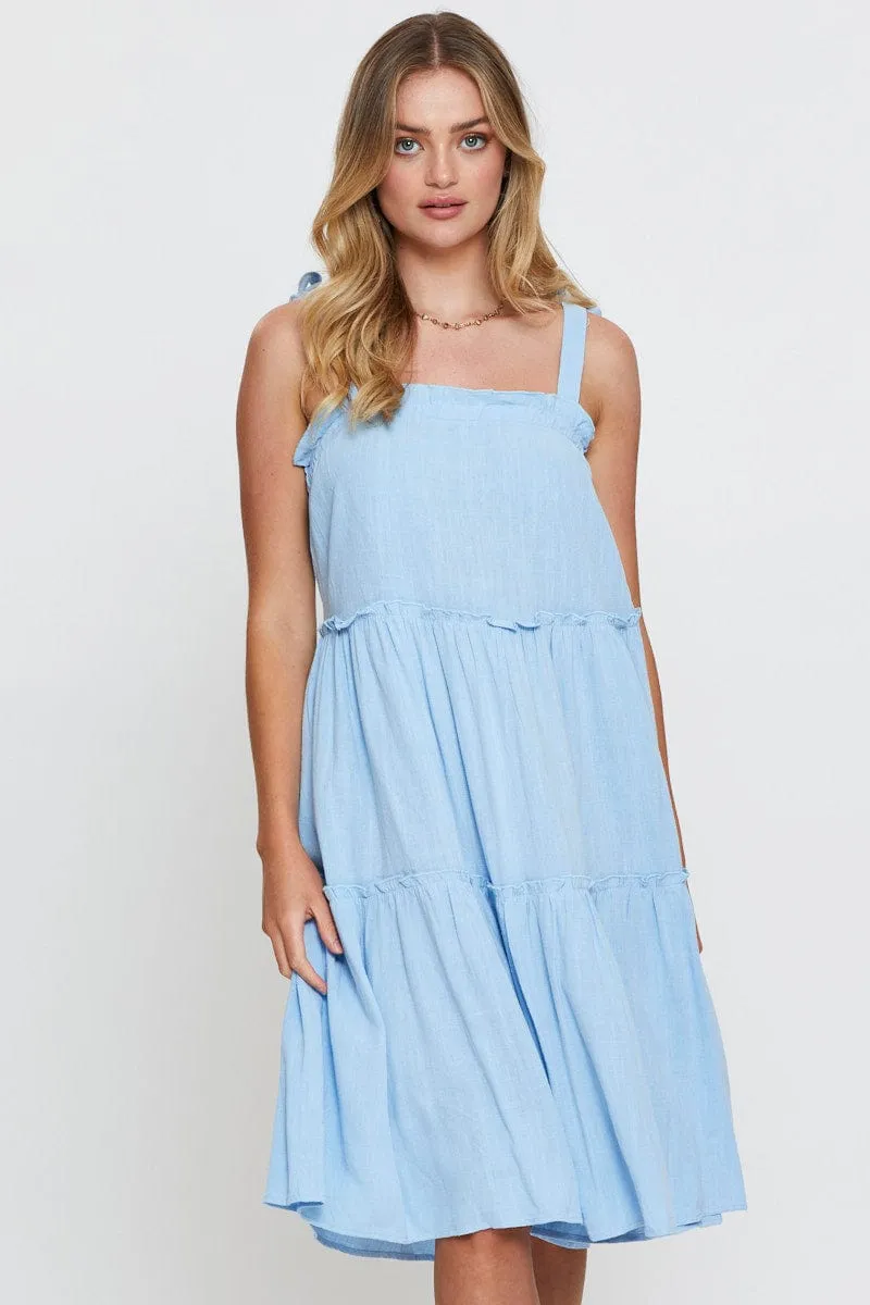 Blue Midi Dress Sleeveless Tie Shoulder Dinner Hall