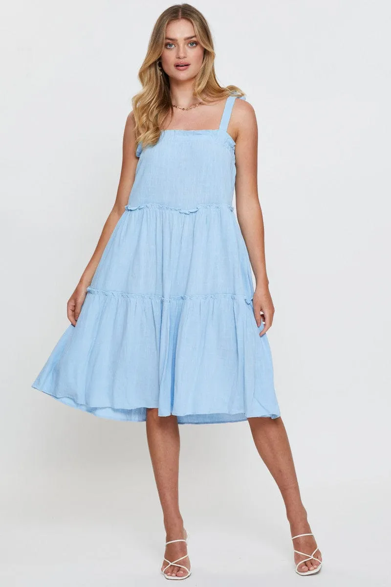 Blue Midi Dress Sleeveless Tie Shoulder Orbit Light