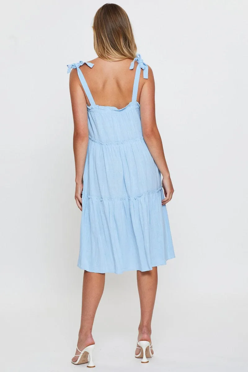Tower Look Versatile Wardrobe Blue Midi Dress Sleeveless Tie Shoulder