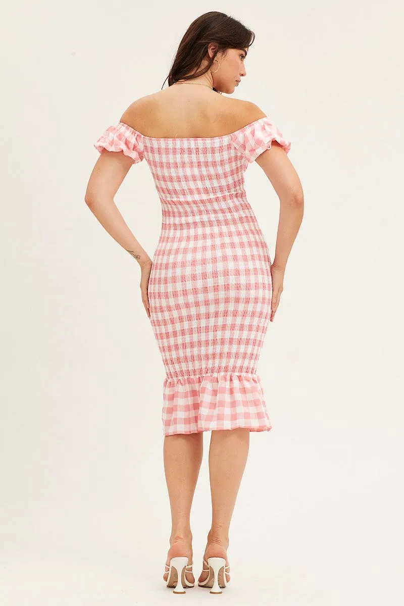 Check Shirred Midi Dress Jade Glow