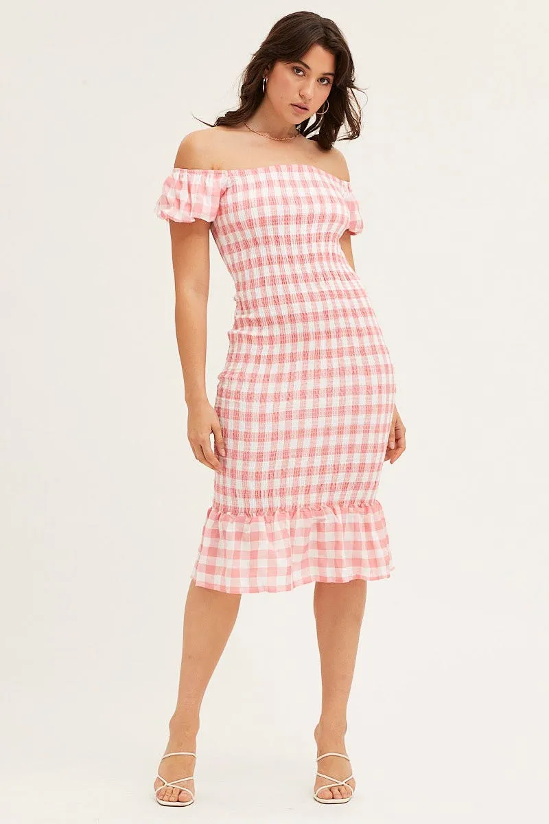 Check Shirred Midi Dress Sunrise Feel