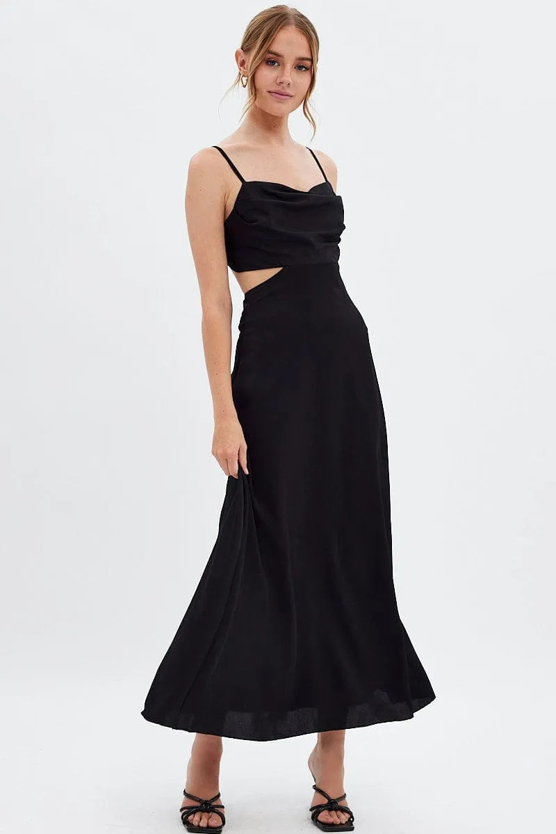 Feminine Design Shell Path Black Midi Dress Evening Cowl Neck