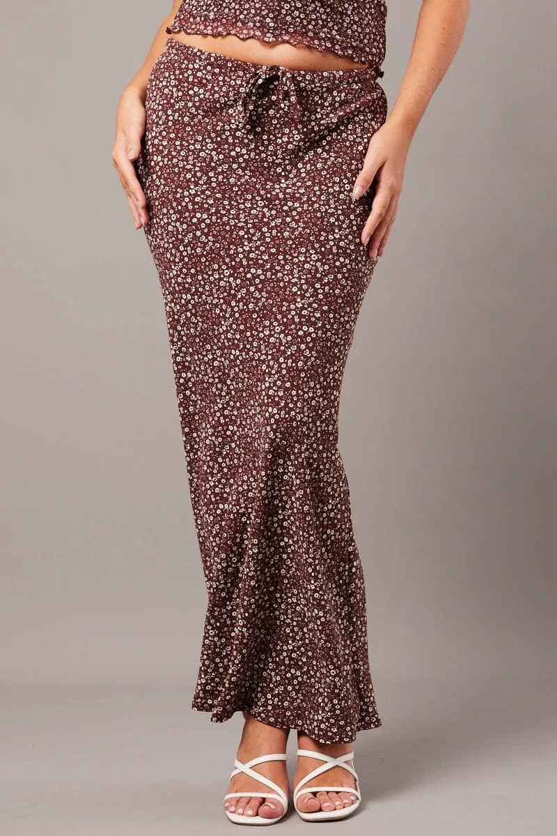 Brown Ditsy Slip Skirt Maxi Summer Picnic