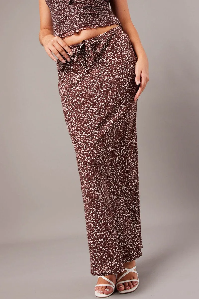 Global Inspiration Brown Ditsy Slip Skirt Maxi