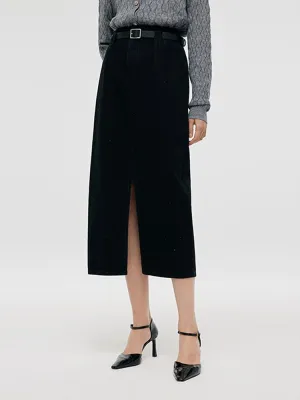 Style Moment Denim Rhinestone Slit Women Skirt With Belt