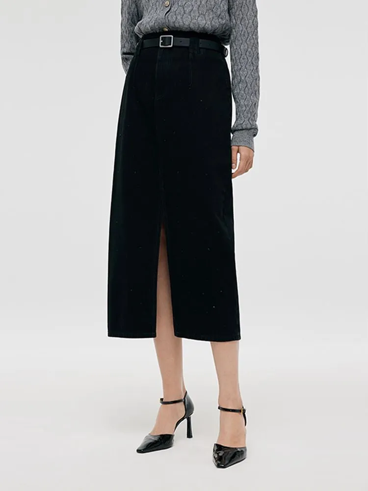 Style Moment Denim Rhinestone Slit Women Skirt With Belt