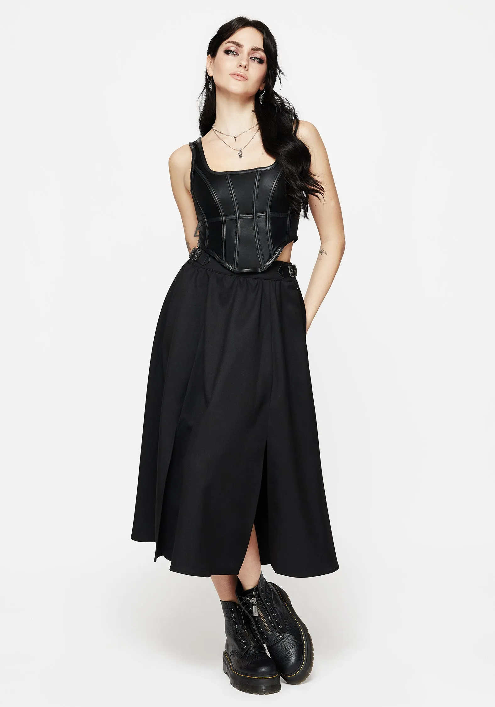 Nightingale Buckled Midi Skirt - Black Refined Finish