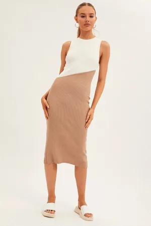 Beige Midi Dress Round Neck Colour Blocked Knit Castle Gate