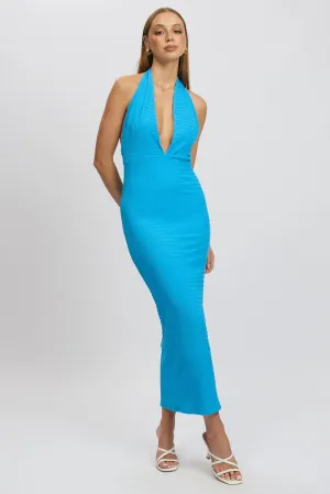 Clear Sky Blue Bodycon Dress Halter Neck Texured