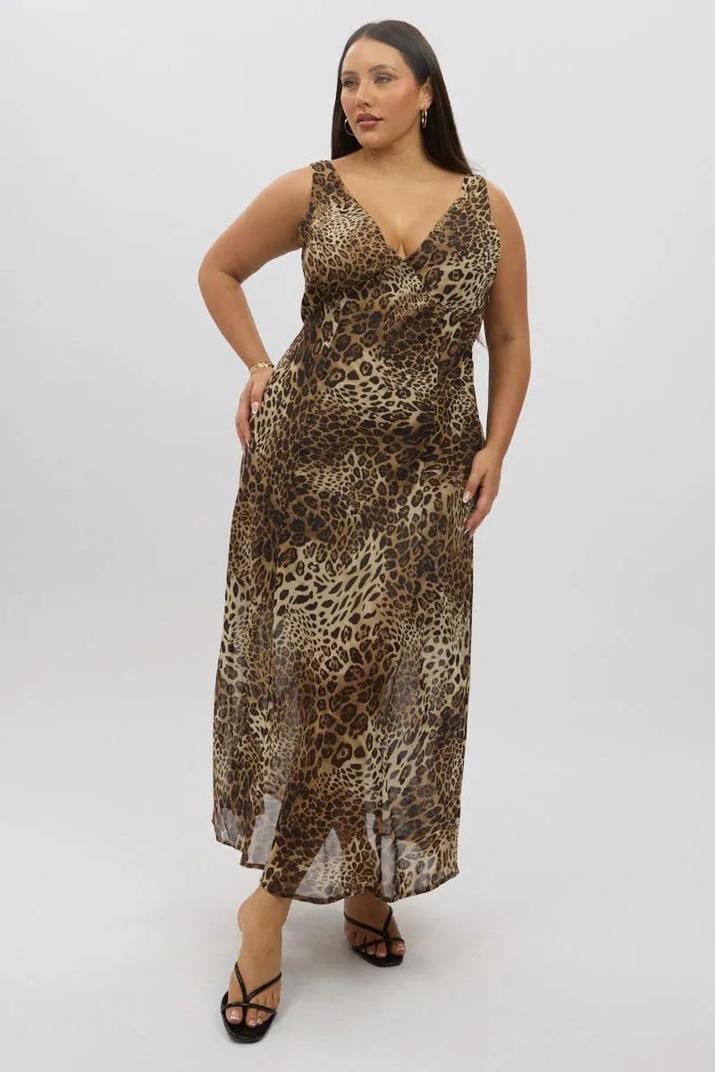 Brown Animal Print Maxi Dress Sleeveless Yellow Sun