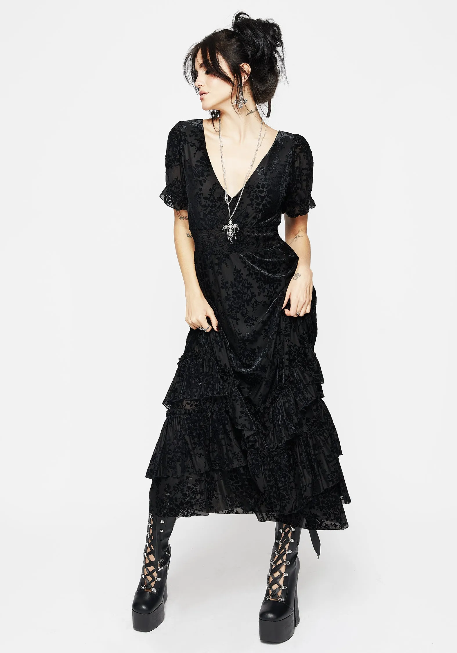 Lilias Devor?? Tiered Maxi Dress Ribbon Work