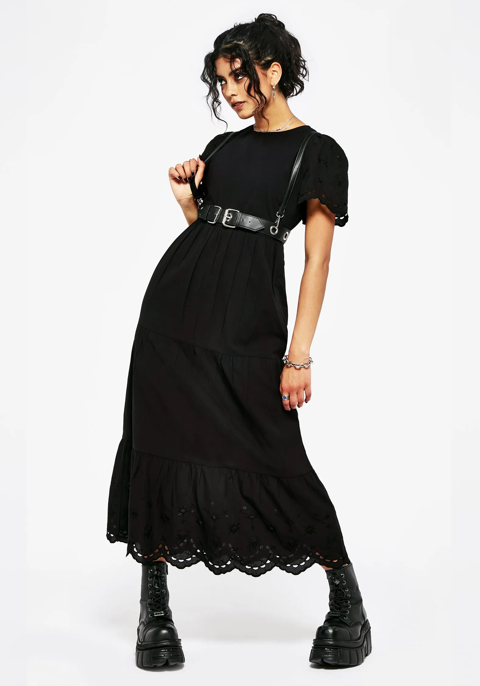 Black Chic Brick Path Synthweb Cotton Broderie Hem Midaxi Dress