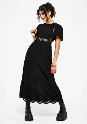 Black Chic Brick Path Synthweb Cotton Broderie Hem Midaxi Dress