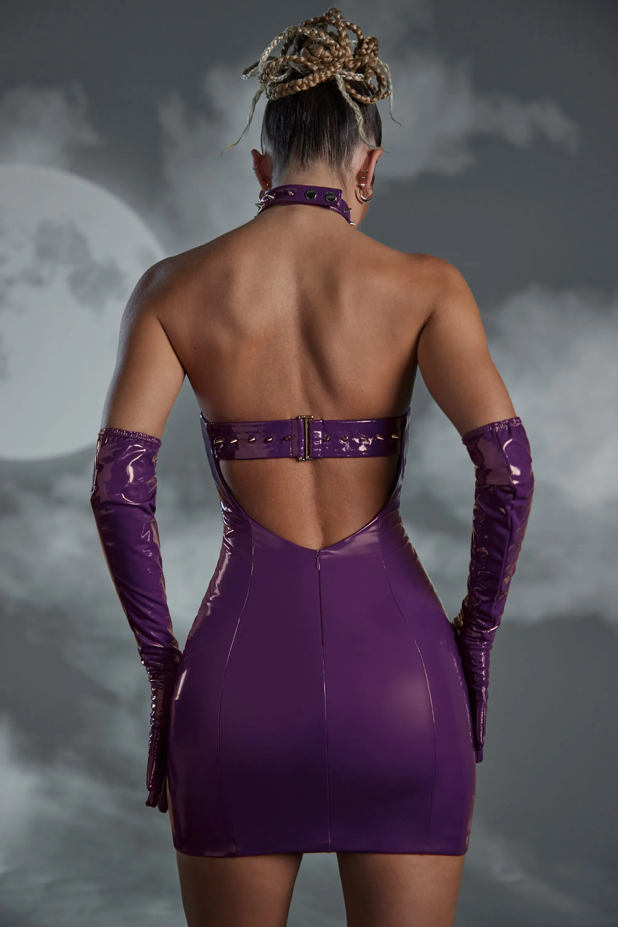 Studded Back Strap Vinyl Mini Dress in Purple Lightweight party mini Urban Style