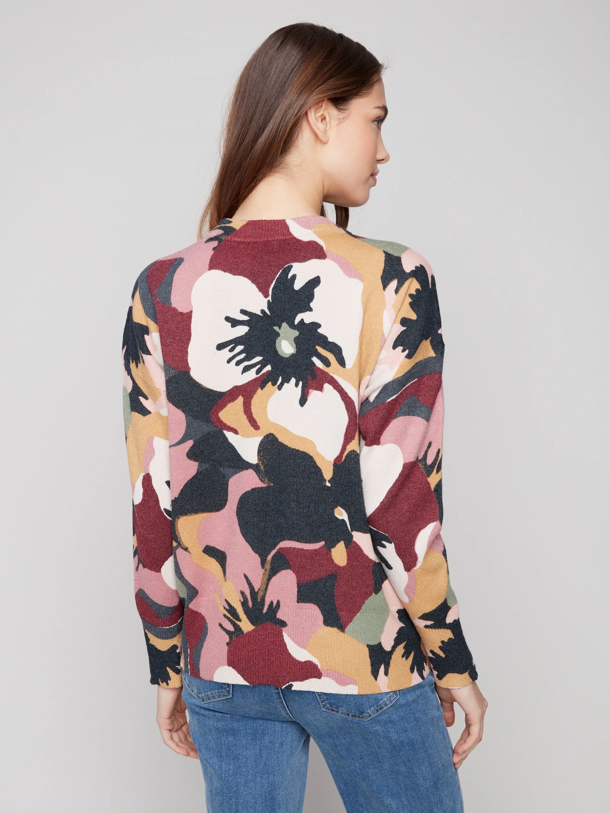 Comfort Knit Piece premium fabric Printed Crew Neck Sweater With Sleeve Zippers - Flowery
