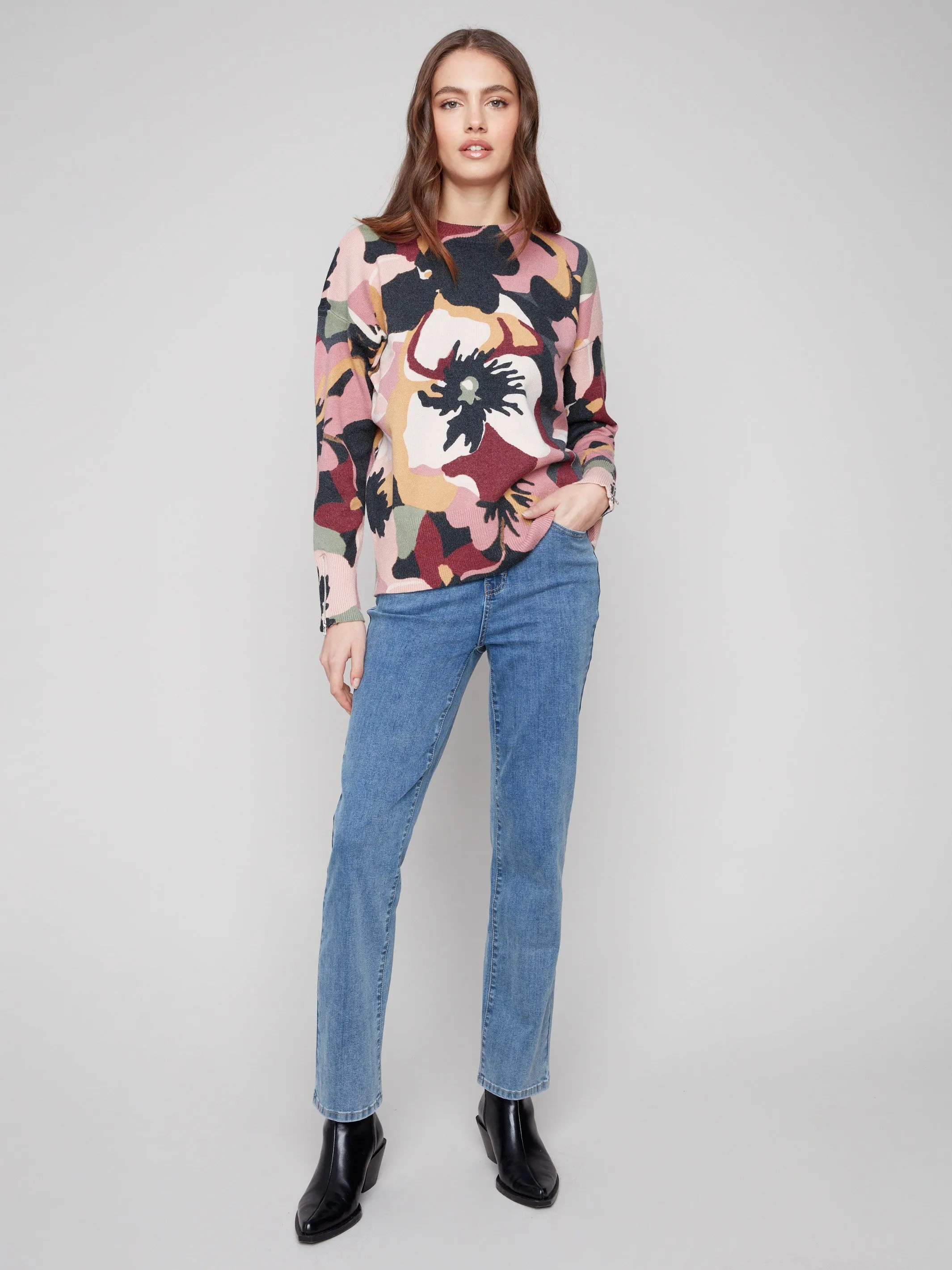 Printed Crew Neck Sweater With Sleeve Zippers - Flowery All-day Comfort Comfortable Choice