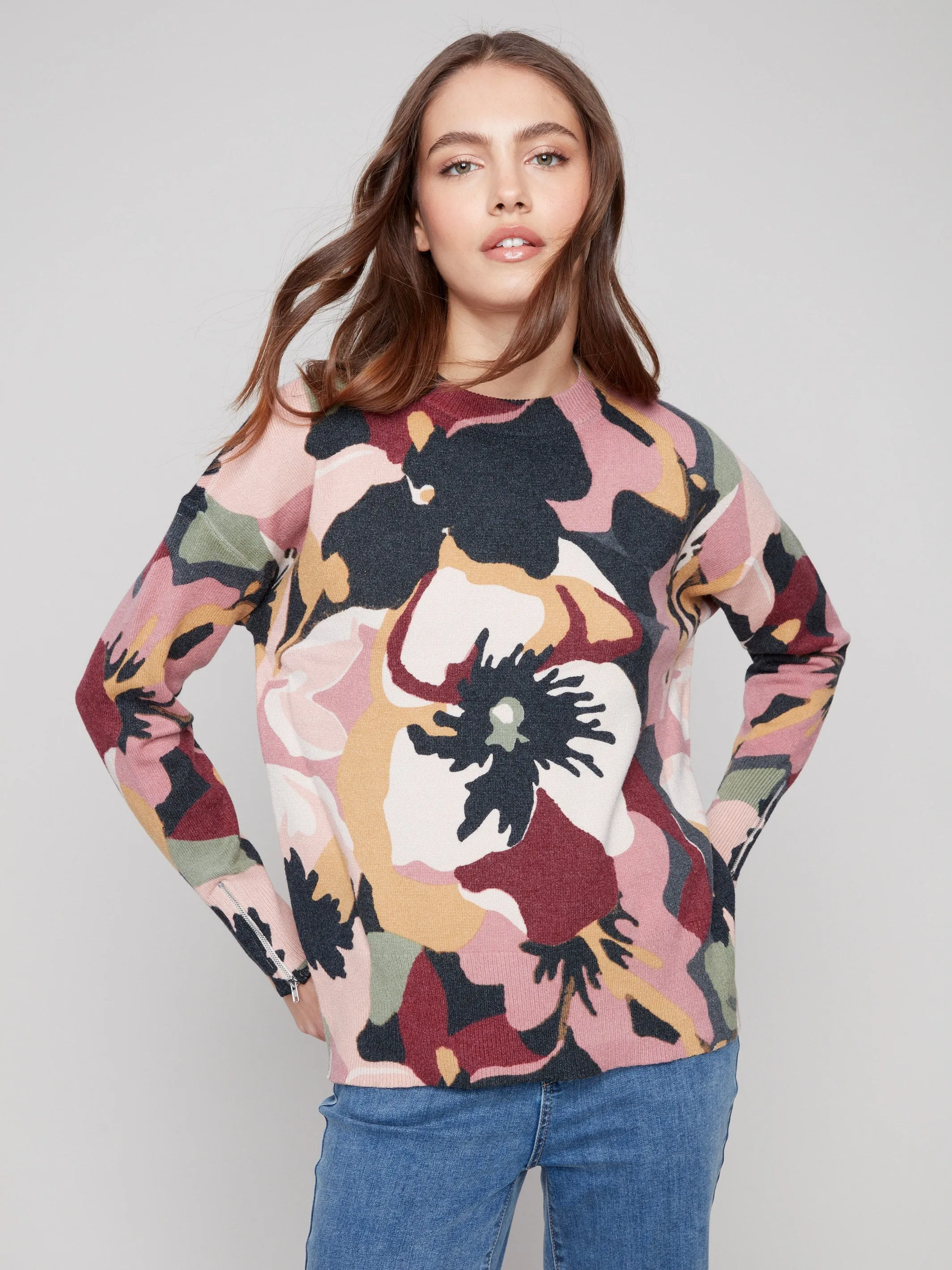 Textured Knit Printed Crew Neck Sweater With Sleeve Zippers - Flowery