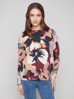 Cozy Fit Wear Printed Crew Neck Sweater With Sleeve Zippers - Flowery