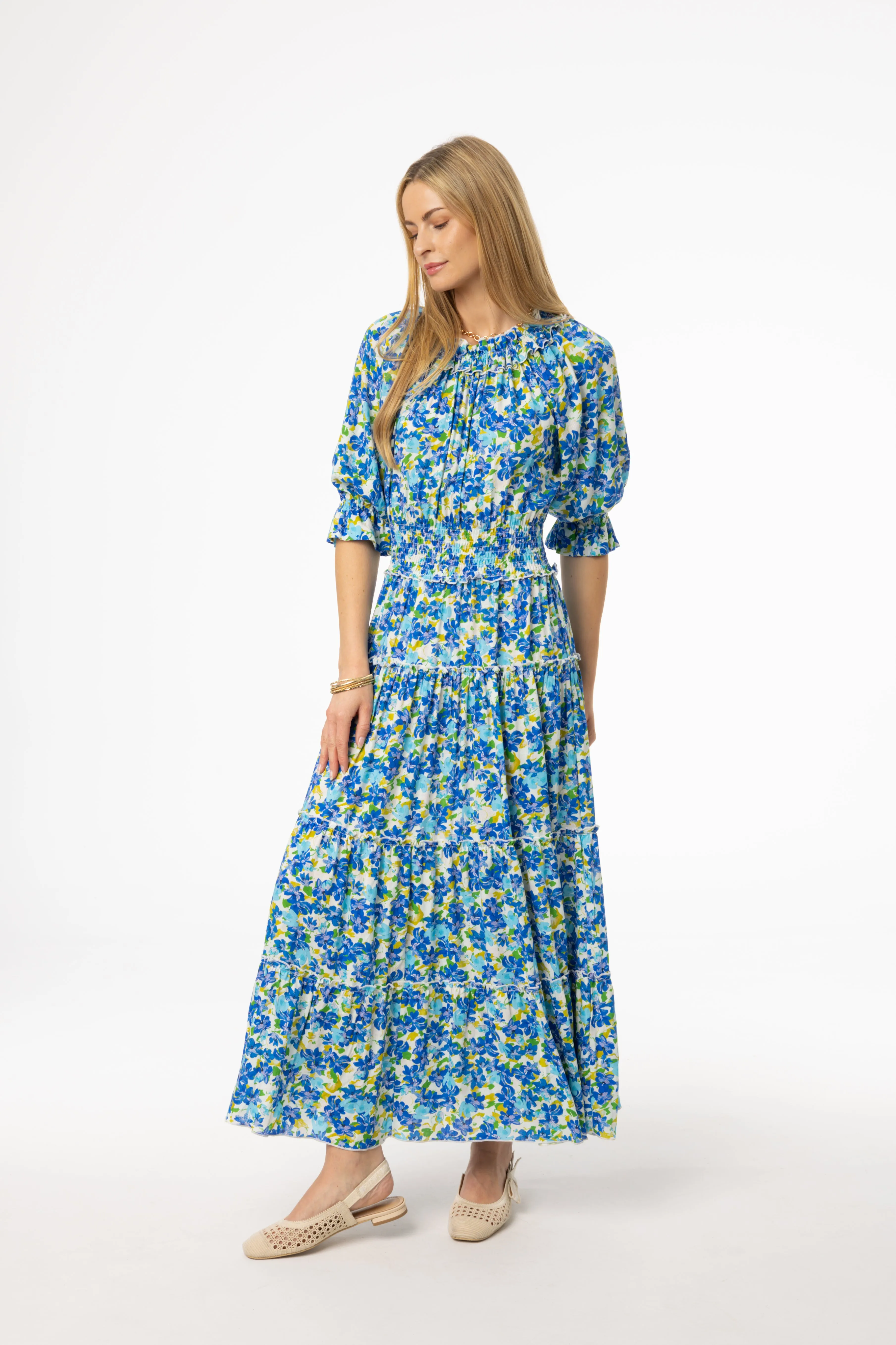 Winter Accessories Blue Floral Smocked Maxi Dress
