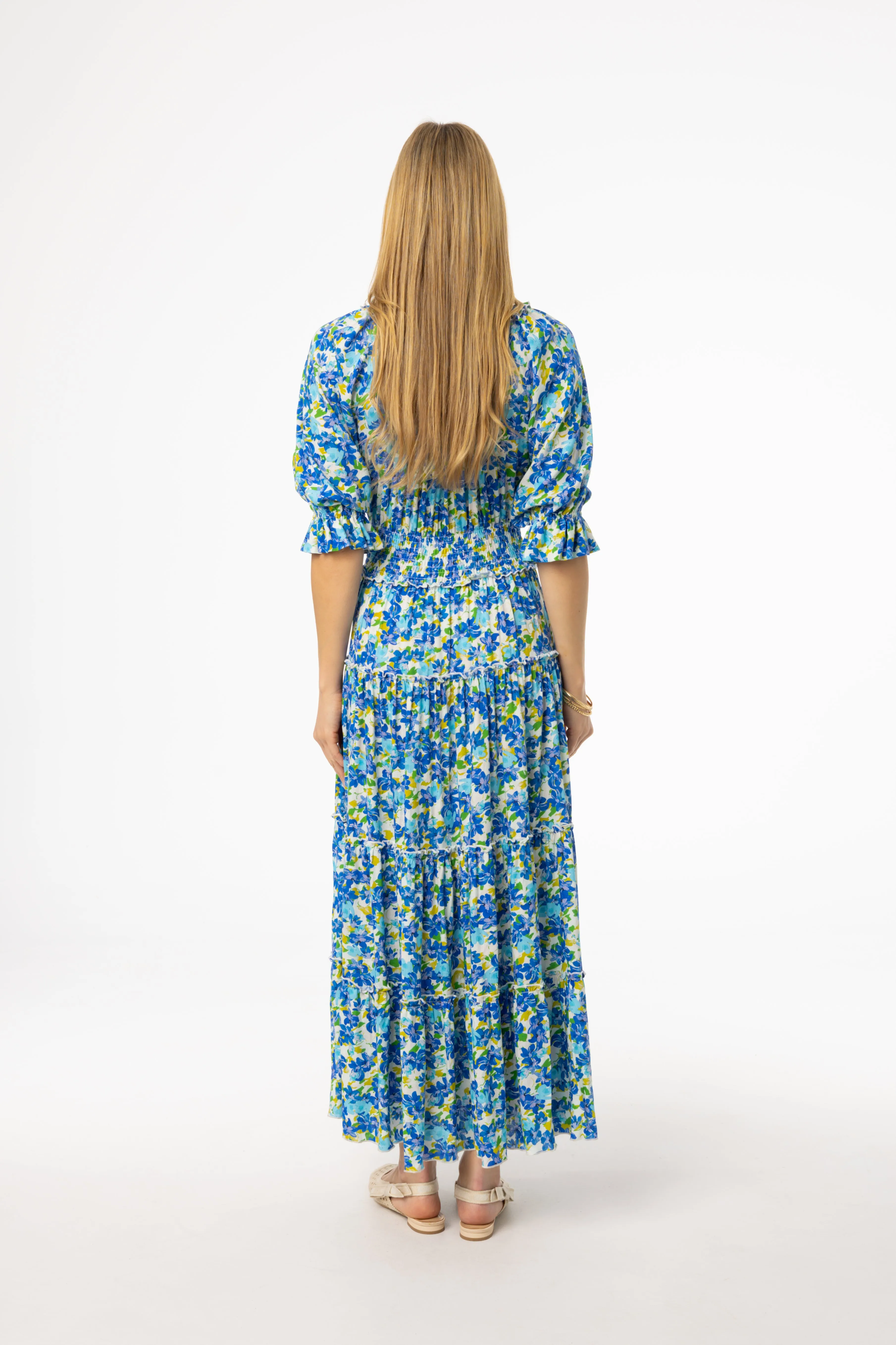 Blue Floral Smocked Maxi Dress Street Icon