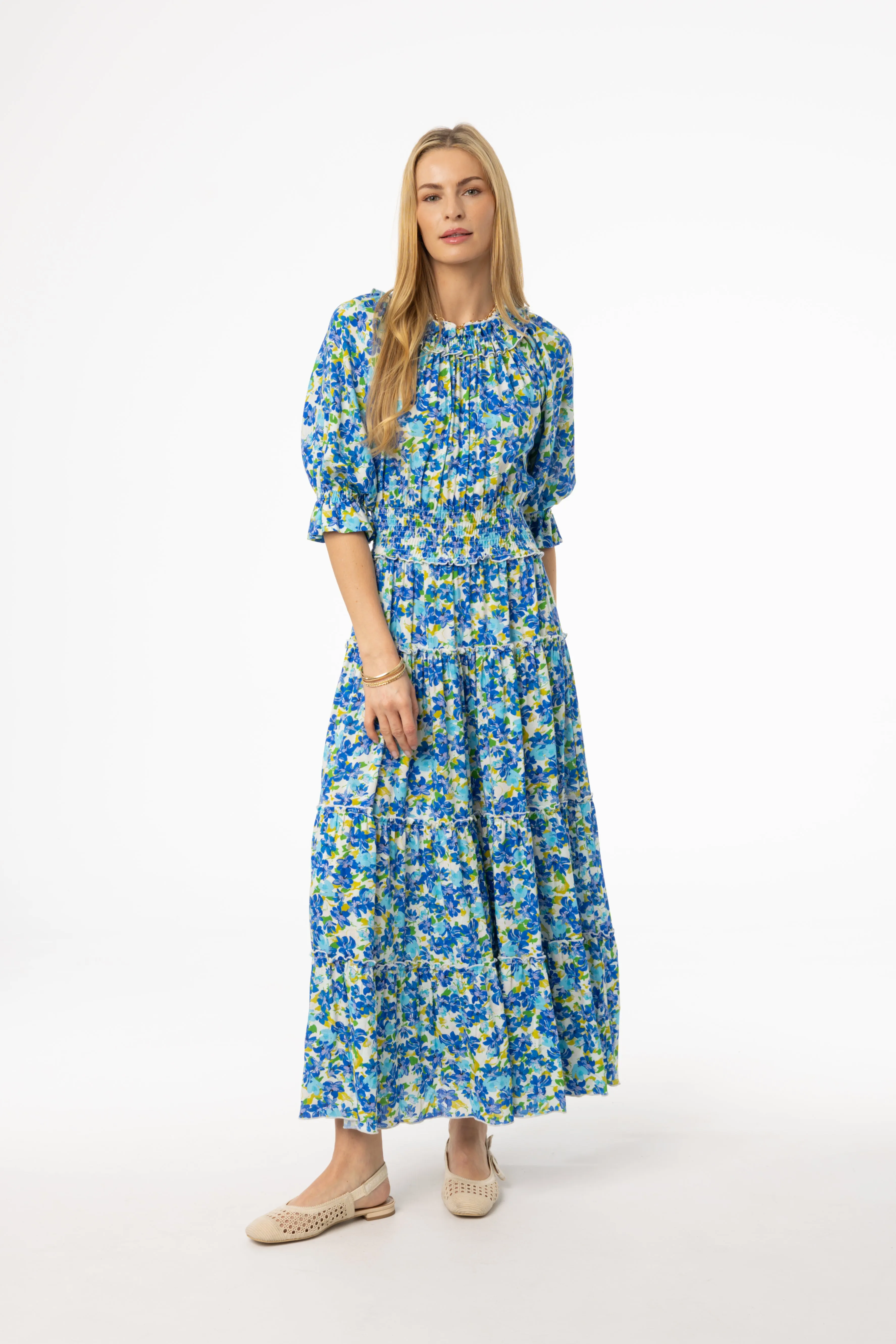 Blue Floral Smocked Maxi Dress SeamlessPockets AllSeasonWear