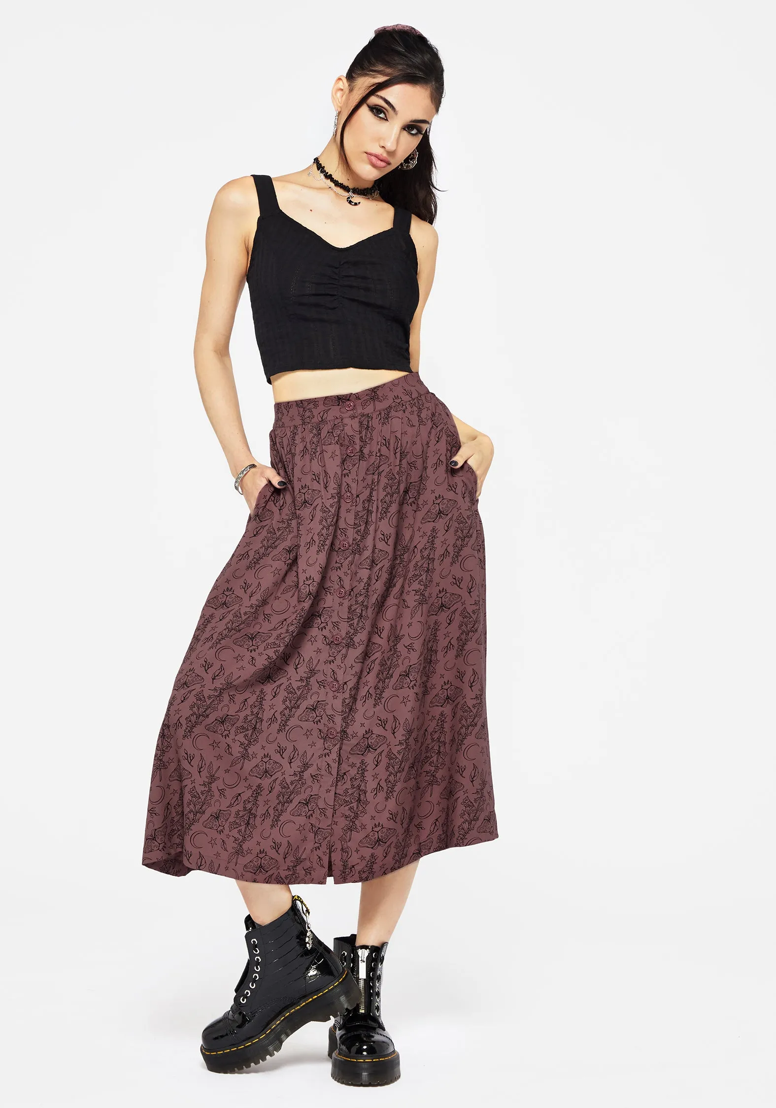 Roxana Moth Foxglove Button Down Midi Skirt Hygienic Coating elastic waistband
