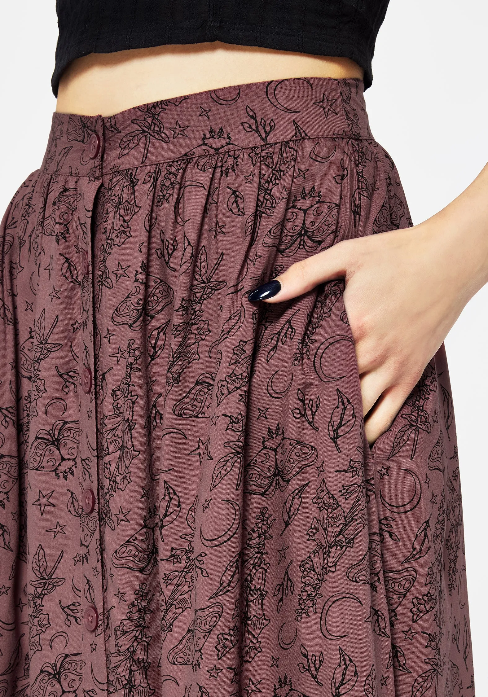 Roxana Moth Foxglove Button Down Midi Skirt Hidden pockets Personality Style