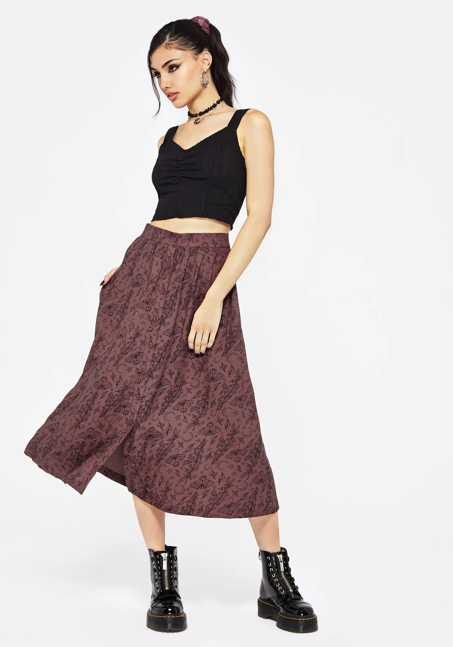 Roxana Moth Foxglove Button Down Midi Skirt Embossed Detail Mid Rise