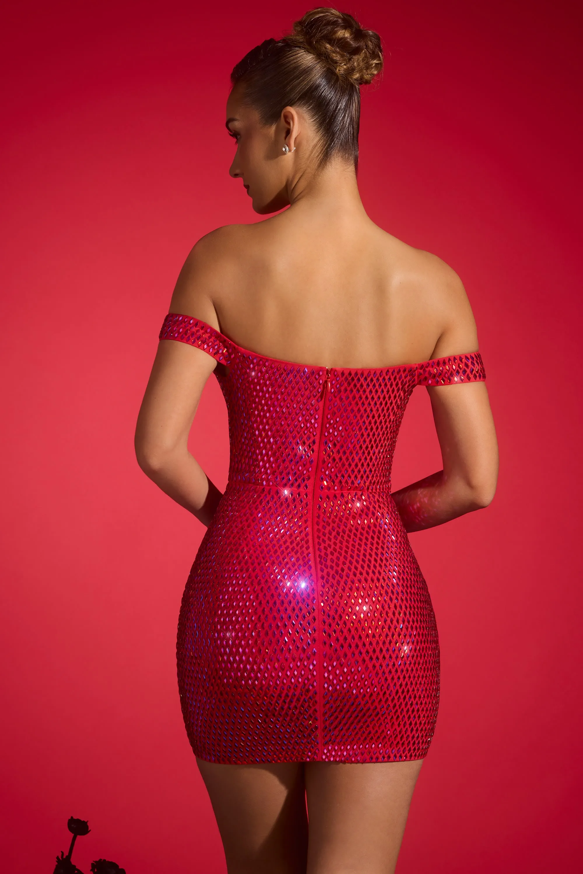 High Beat Glow Heat Embellished Off-Shoulder Mini Dress in Crimson Red
