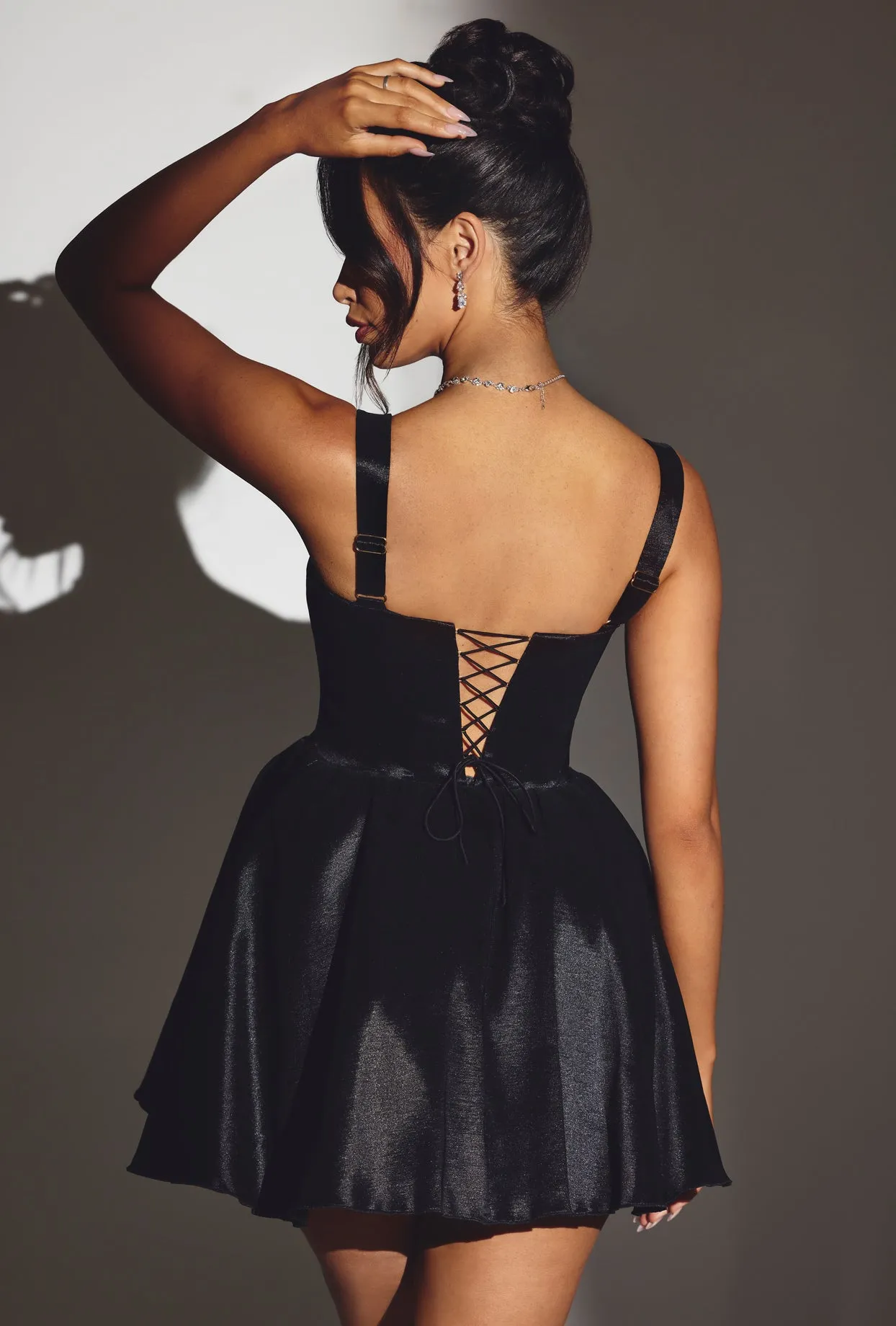 Bar Hopping Woven Taffeta Corset Mini Dress in Jet Black