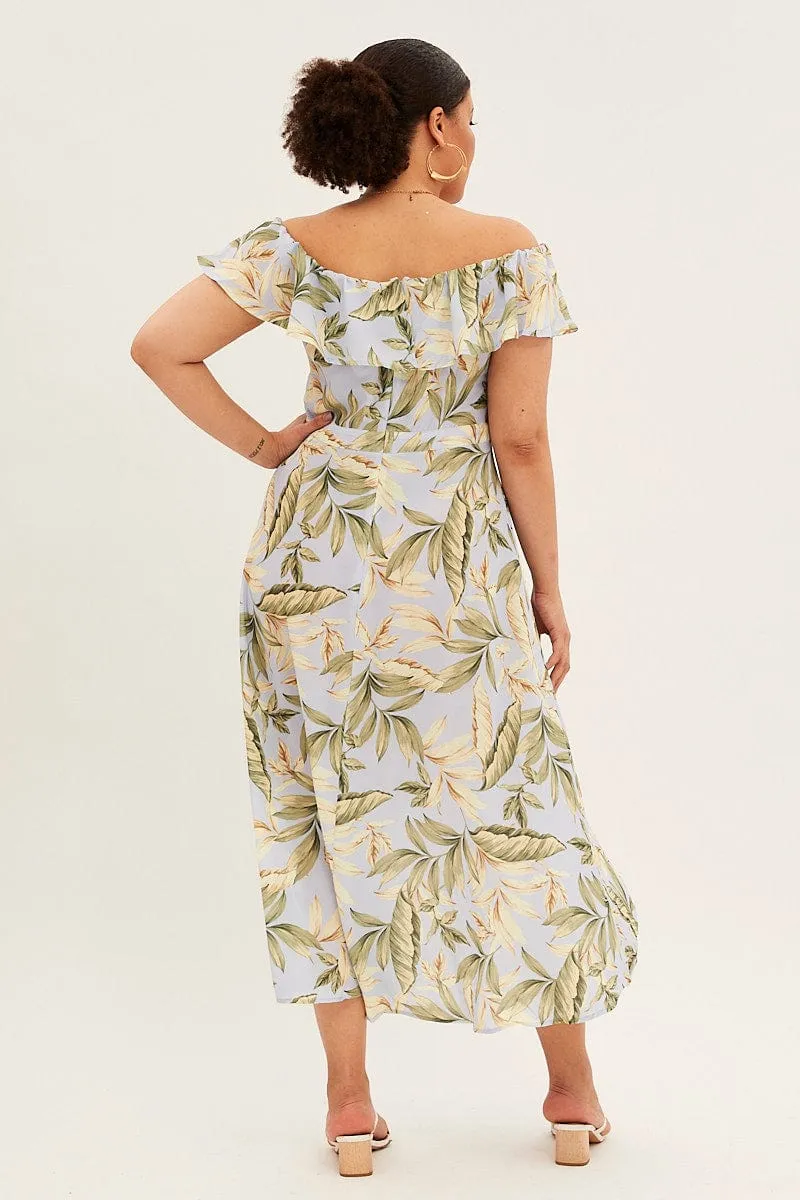 This dress is designed to keep you comfortable while maintaining a stylish and polished appearance Blue Floral Maxi Dress Off Shoulder Crepe