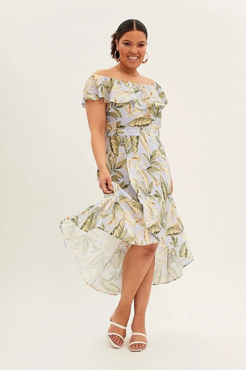Tiered Skirt Flow River Blue Floral Maxi Dress Off Shoulder Crepe