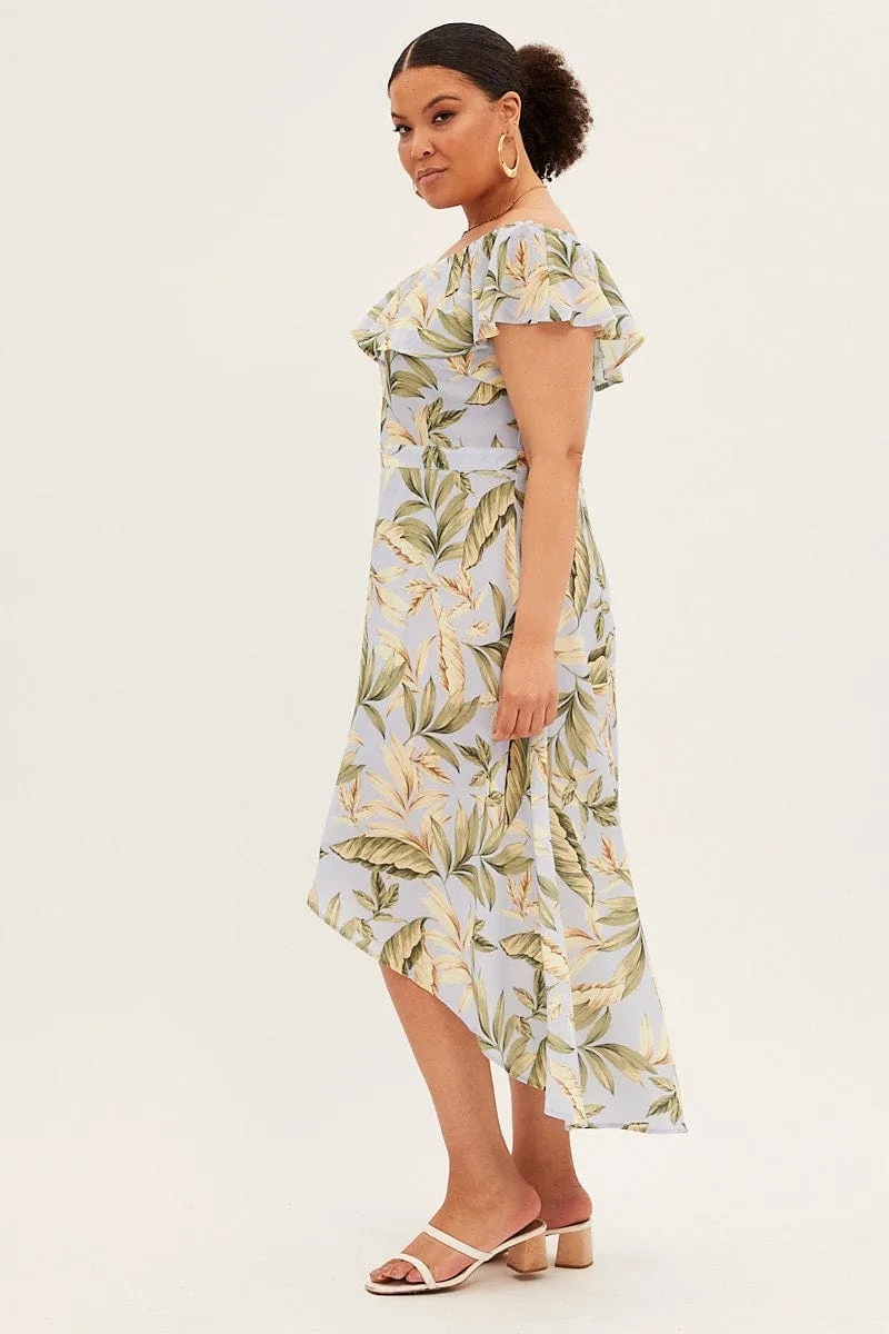 Trim Glow Blue Floral Maxi Dress Off Shoulder Crepe