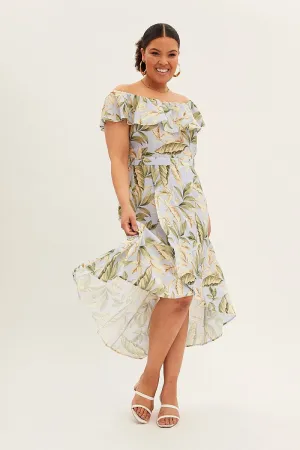 Tiered Skirt Flow River Blue Floral Maxi Dress Off Shoulder Crepe