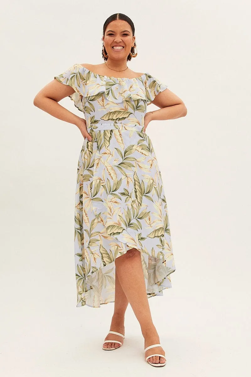 Blue Floral Maxi Dress Off Shoulder Crepe Peony Bloom Emerald Pop
