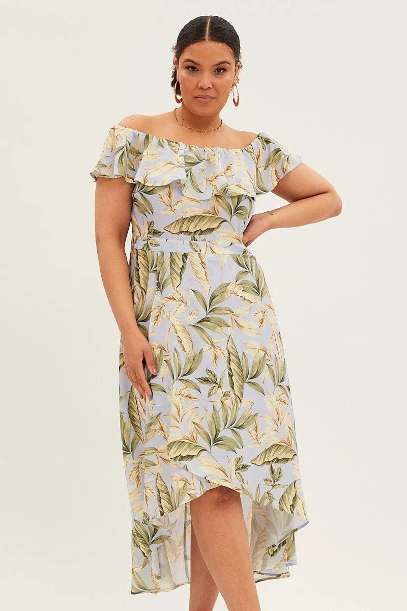 Patch Work Blue Floral Maxi Dress Off Shoulder Crepe