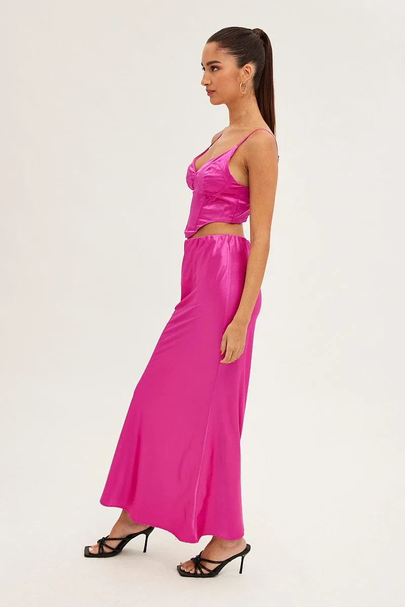 Pink Maxi Skirt Low Rise Elastic Waist Satin Outfit Essence Retro Style