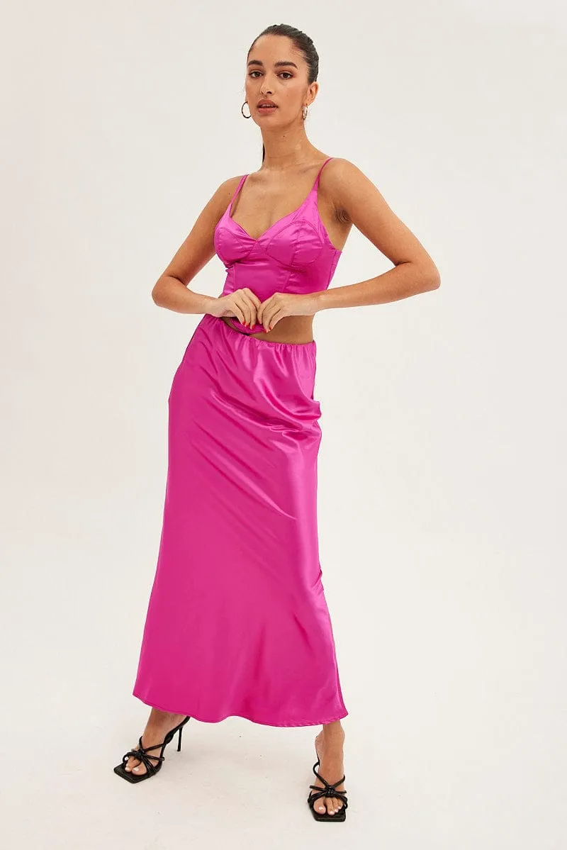 Vibe Ready Pink Maxi Skirt Low Rise Elastic Waist Satin